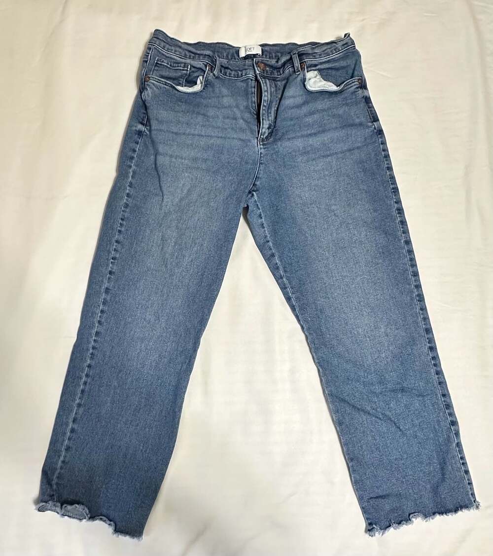 LOFT Straight Jeans Size 31 12 Medium Blue Distressed Raw Hem Denim